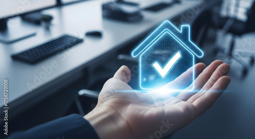 Digital house icon with checkmark floats over open palm, symbolizing approval