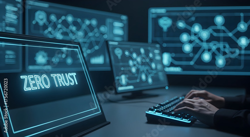 Cybersecurity expert implements zero trust strategy on glowing screens