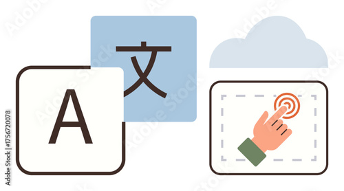 Letter A, foreign character, hand pressing a button, and cloud. Ideal for communication, translation, technology, digital platforms accessibility globalization education. Simple flat metaphor