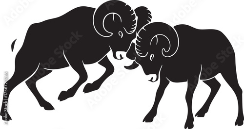 Bighorn Sheep Ramming Silhouette Vector Scene