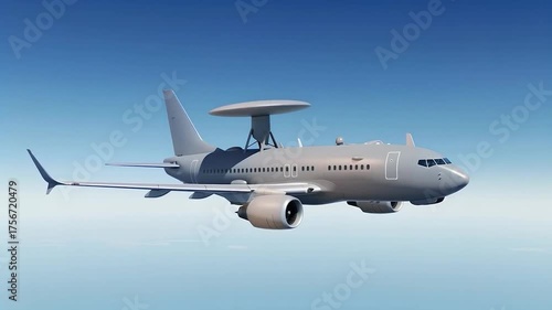 AWACS Airborne Warning and Control System military radar airplane flying in a blue sky background. Modern military jet airplane.