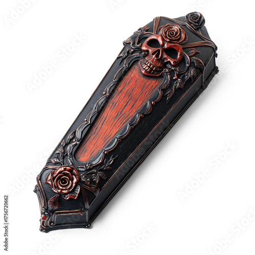 A decorative, ornate black and red coffin with a skull and rose design on a white background.