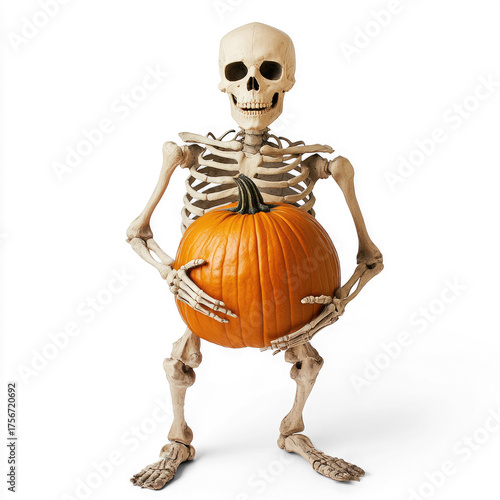 A skeleton holding a pumpkin against a white background.