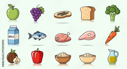 A vibrant illustration showcasing a variety of nutritious food items, including fruits, vegetables, proteins, and grains, on a clean background