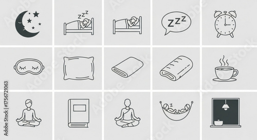 Collection of sleep and relaxation icons, featuring moon, bed, alarm clock, eye mask, pillow, blanket, and meditation