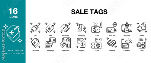 Sale Tags icon set. Includes sale, label, price, offer, tag, discount and More. Editable Stroke Icon Collection.