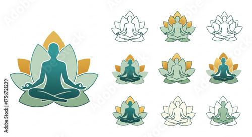 Collection of yoga lotus position icons set of different style yoga poses in lotus flower for meditation and relaxation