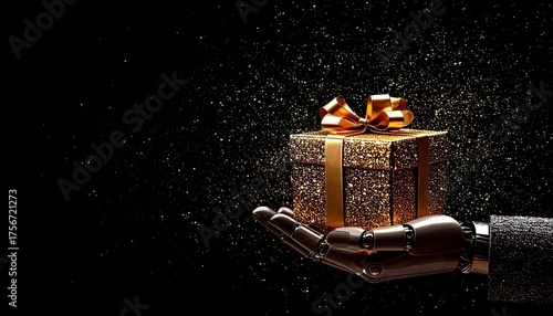 Close-up of Futuristic Robot Hand Holding a Sparkling Golden Gift Box on Luxury Black Background
