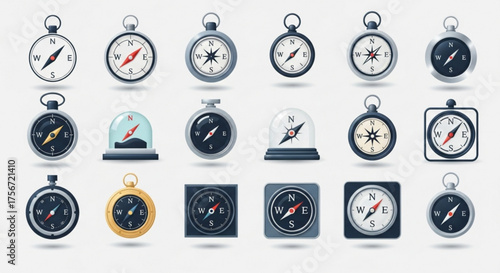 Collection of compass icons set of different navigation compass symbols travel and exploration concept design