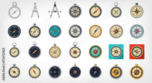 Collection of compass icons set of different navigation compass symbols travel and exploration concept design