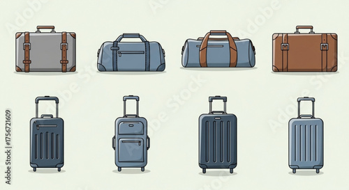 Set of various luggage, travel bags, suitcases, duffel bags, and trolleys, different shapes and sizes, , vector illustration