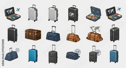 Set of various luggage, travel bags, suitcases, duffel bags, and trolleys, different shapes and sizes, , vector illustration