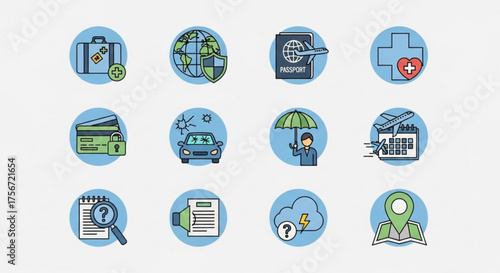 Insurance icons set, travel, health, car, home, life insurance, protection, security, safety, business, finance