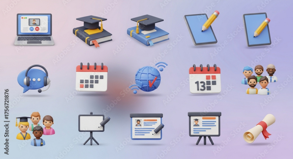 3d render of online education icons isolated on a blurred background, symbolizing elearning, virtual classes, and digital learning resources