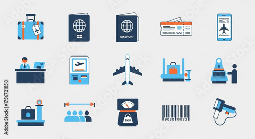Set of airport and travel icons, representing air travel, security, baggage handling, and passenger services