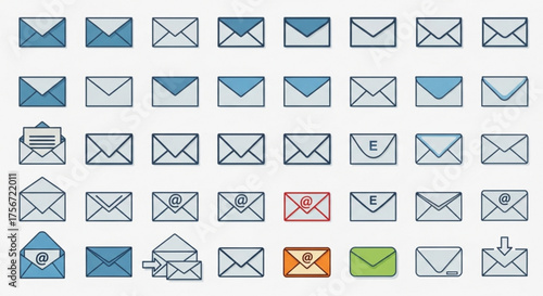 Set of email icons, including open, closed, sent, received, and draft email icons in various styles and colors