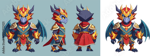 Fantasy dragon knight character design reference sheet ready for animation or game development projects, showcasing front, side, and back views with armor