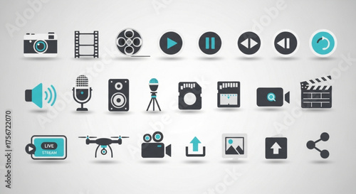 Collection of media icons, including camera, video, microphone, speaker, drone, upload, and other multimedia symbols