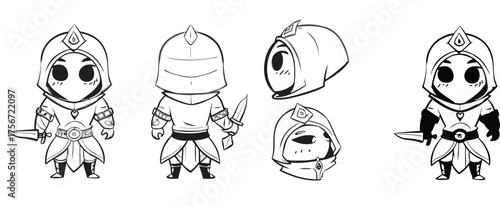 Adorable brave character design with a dagger and hood ready for adventure, perfect for game development and animation projects, a charming hero illustration