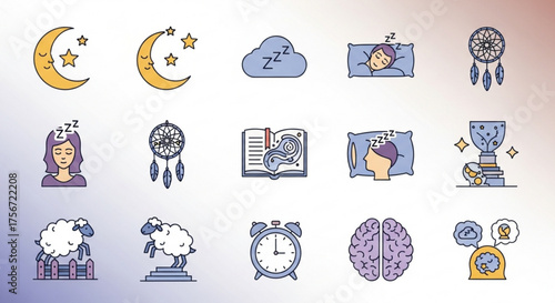 Collection of sleep related icons in vector format, showcasing various elements associated with rest, dreams, and relaxation