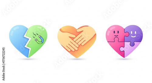 Three hearts representing connection, love, and relationships, the first heart is broken but connected by a magnet, the second shows hands embracing, and the third is a puzzle