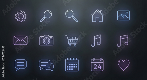 Set of glowing line icons for web and mobile contains such icons as gear, search, home, image, email, camera, cart, music, calendar and more