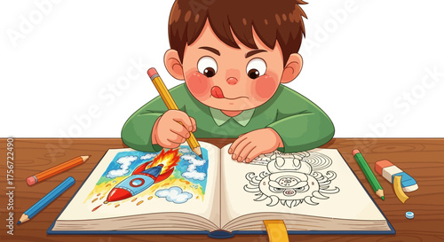 Young boy engrossed in drawing a colorful rocket in a book.