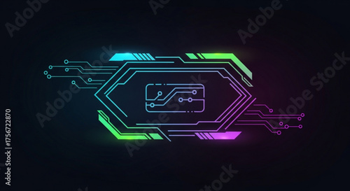Futuristic technology circuit board with chip icon on a dark background for digital innovation and cybernetic connection, modern design