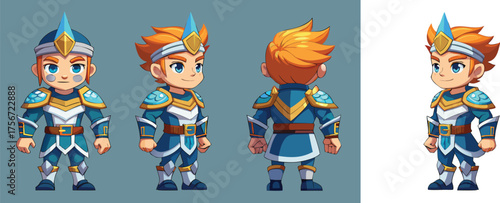 Fantasy character design featuring a brave young warrior in shining armor, perfect for game development and creative storytelling projects