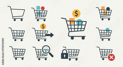 Shopping cart icon set, showcasing various states and actions related to online shopping, , perfect for ecommerce