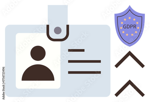 Employee ID badge with photo and text, GDPR compliance shield, and directional arrows. Ideal for security, data privacy, workplace policies, compliance, access control, identification simple flat