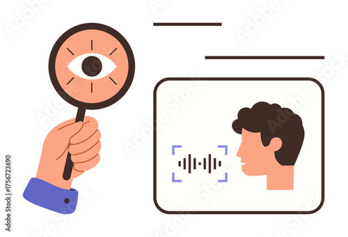 Magnifying glass with eye examining a profile with soundwave, face recognition grid. Ideal for security, identity verification, AI, biometrics, data privacy, surveillance innovation. Simple flat