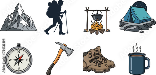 An illustrated collection of camping and hiking elements including mountains, a hiker, campfire, tent, compass, axe, boots, and a steaming mug, perfect for outdoor adventure themes.