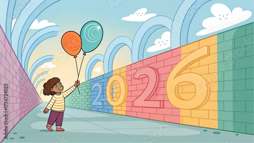 Child with balloons walks down hallway with colorful year numbers on wall