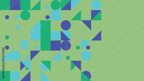 Abstract geometric pattern with circles squares and triangles on green background