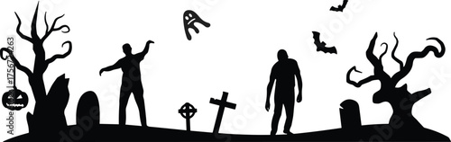 Halloween graveyard silhouette with zombies, haunted trees, flying bats, spooky ghost and pumpkin, horror night illustration for Halloween decoration