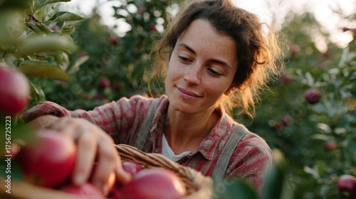 Woman picking apples in an orchard.