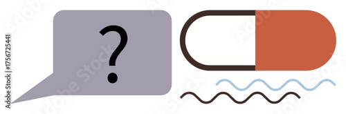 Speech bubble with a question mark, capsule, and wavy lines representing uncertainty, medical advice, and side effects. Ideal for healthcare, medicine, communication, counseling decision-making