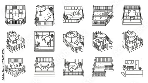 Residential Outdoor Spaces Silhouette Icon Set – Aerial View Black Line and White Vector Illustrations of Terraces, Balconies, Patio Furniture, and Railings Representing Modern Outdoor Living
