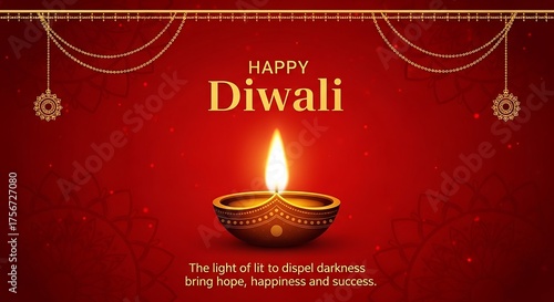Celebrating happy diwali with a glowing diya lamp and traditional decorations on a red background for festive wishes and greetings this holiday season