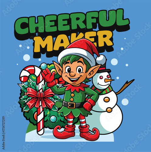 Cute illustration of Cheerful Christmas Elf in Vintage Style
