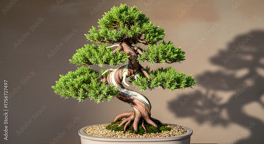Fototapeta premium Elegant bonsai tree with twisted trunk and lush green foliage.