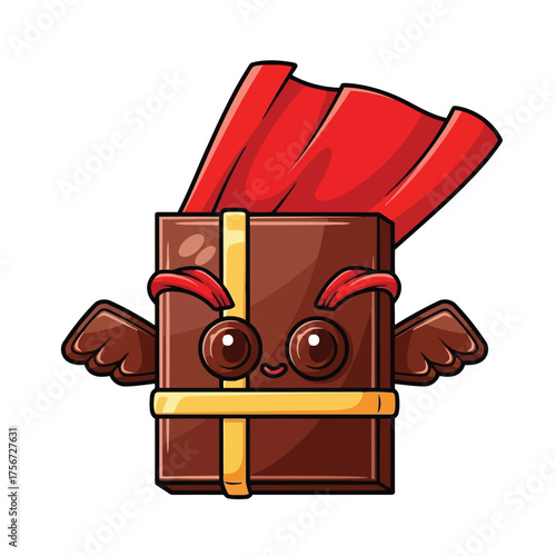 Vector art of cute cartoon chocolate gift box character with red cape and wings flying