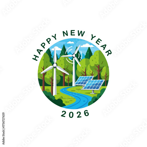 Celebrate a green 2026 with wind turbines and solar panels for renewable energy, a happy new year for environmental solutions and sustainable business