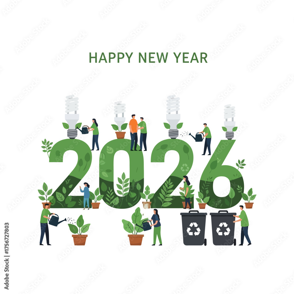 Naklejka premium Happy New Year 2026 with Green Eco-Friendly Initiatives for a Sustainable Future, Featuring People Caring for Plants and Recycling, Inspiring Positive Change