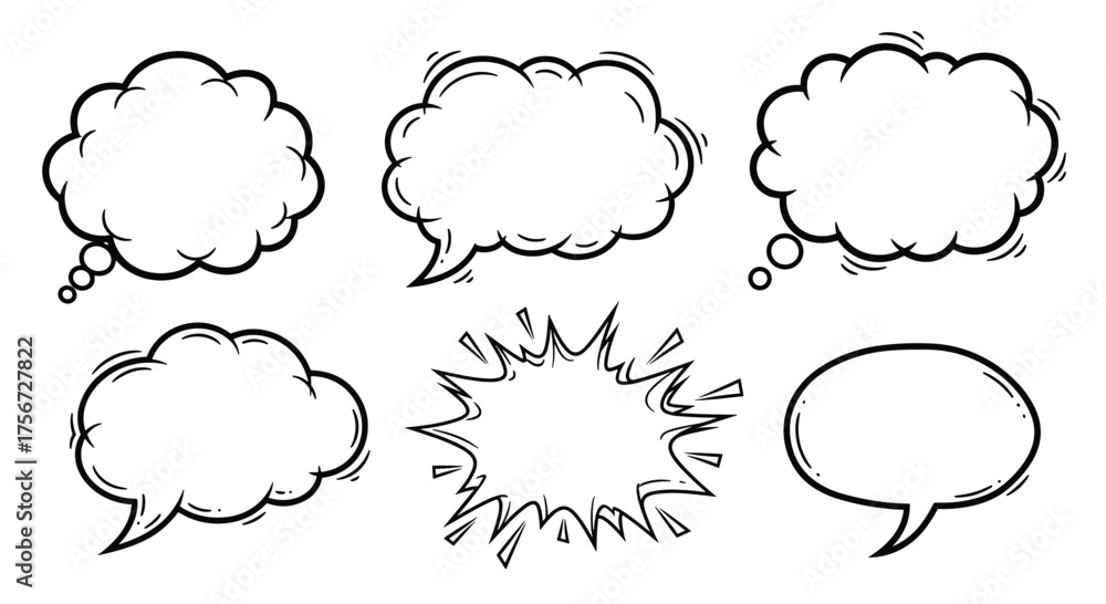 Obraz premium A collection of hand-drawn speech and thought bubbles for comic book style communication.