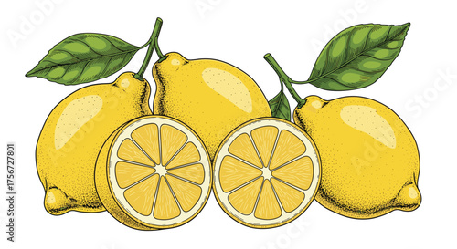 A group of ripe yellow lemons with green leaves.