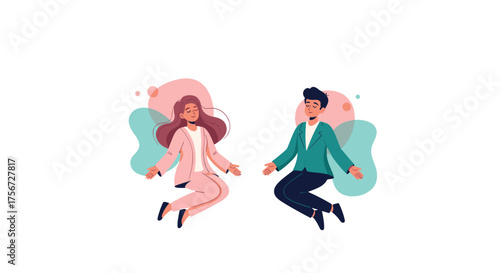 Two people in business attire floating upwards with abstract shapes around them.