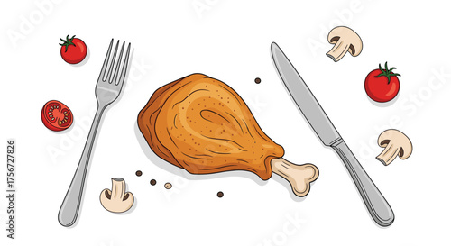 A delicious roasted chicken leg served with fresh vegetables and mushrooms.