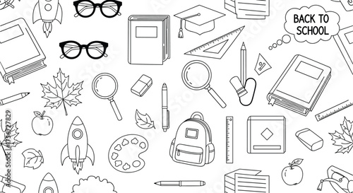 A collection of classic school supplies and educational items depicted in a simple line art style.